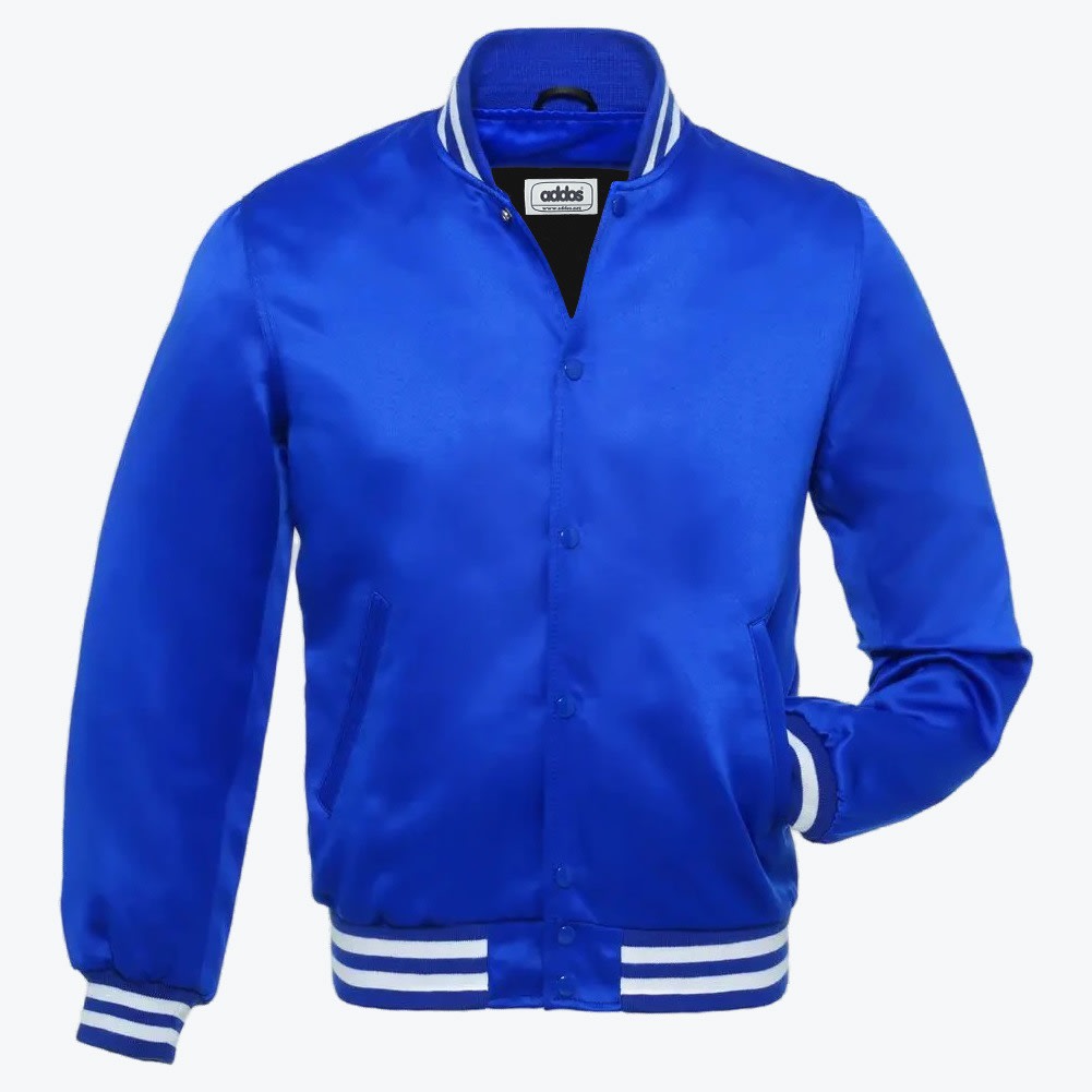 A royal blue satin varsity jacket with white and blue striped ribbed collar, cuffs, and hem, set against a plain white background.