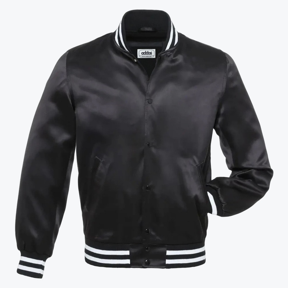A black satin varsity jacket with white striped ribbing on the collar, cuffs, and hem, set against a plain white background.