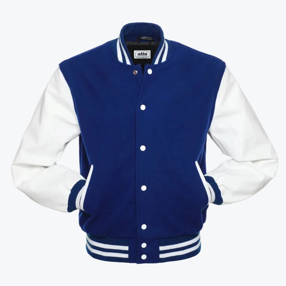 A royal blue and white varsity jacket with snap buttons and striped ribbed trim, isolated on a white background.