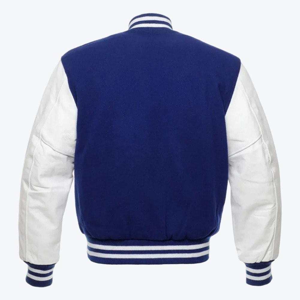 Back view of a blue and white varsity jacket with striped collar, cuffs, and waistband.