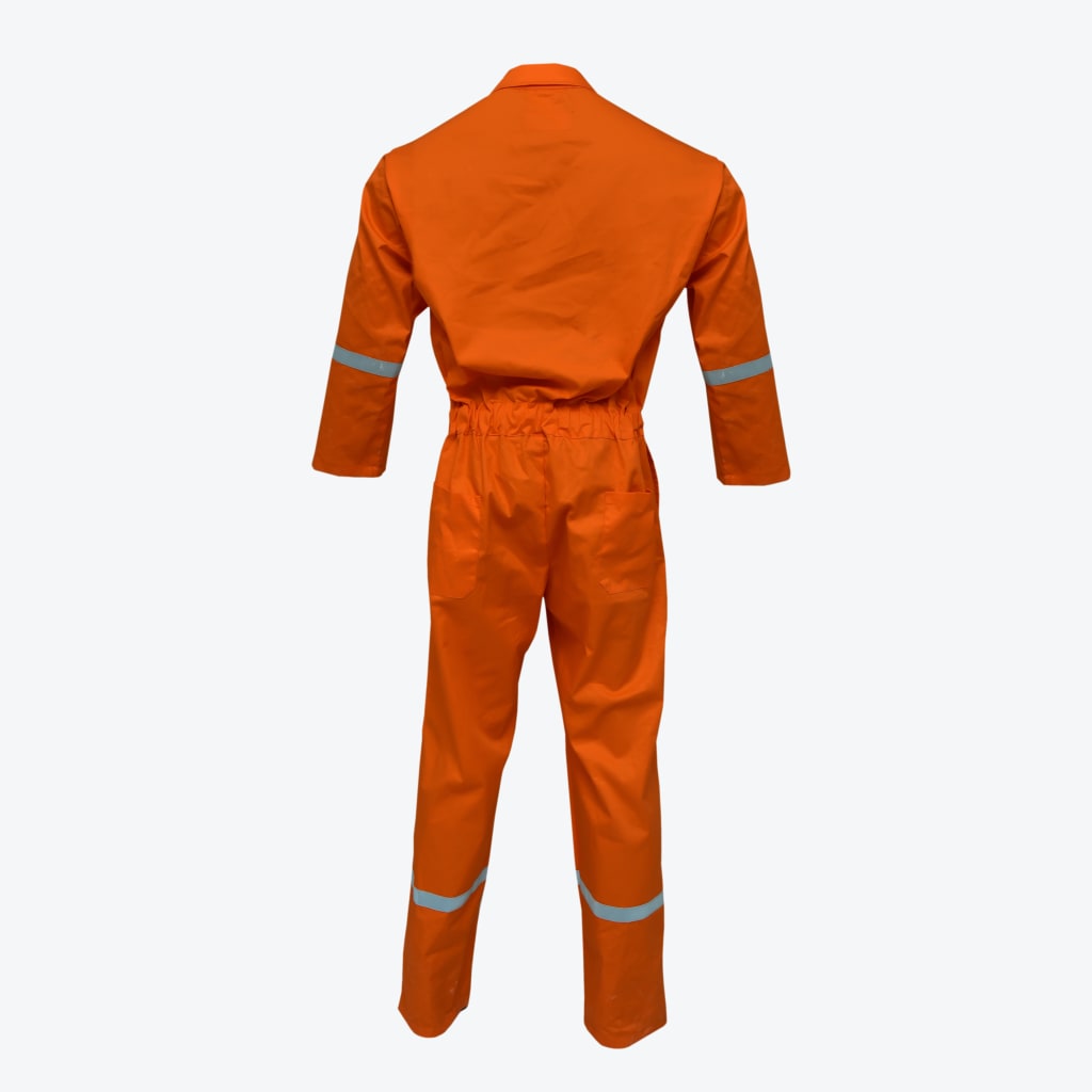 Back view of a bright orange safety coverall with reflective silver bands on the arms and legs, set against a white background.