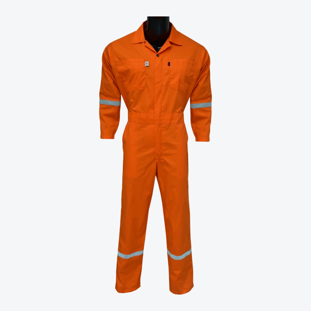 Front view of a bright orange high-visibility work coverall with silver reflective bands on the arms and legs, displayed on a black mannequin.