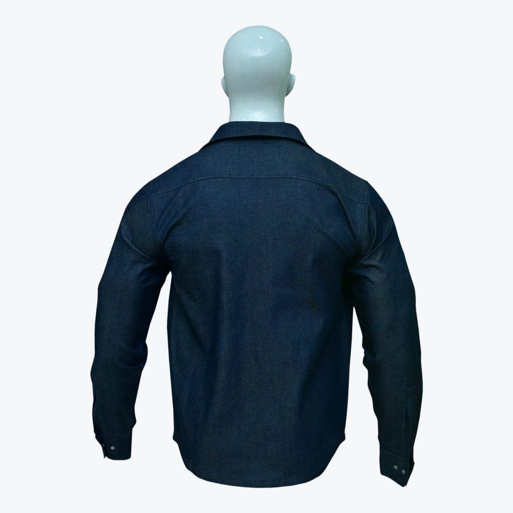 Back view of a dark blue denim long-sleeve shirt worn by a white mannequin against a plain white background.