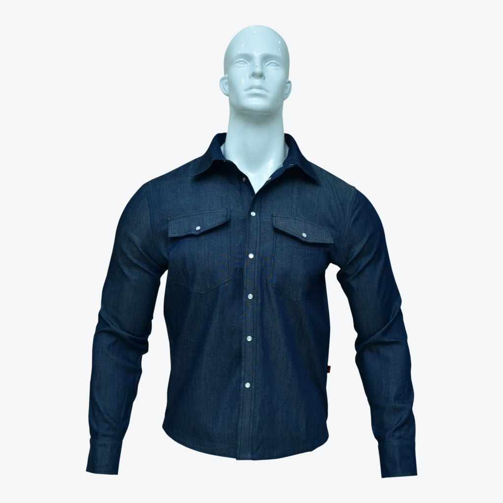 A dark blue long-sleeve denim shirt with two chest pockets and white buttons displayed on a white male mannequin against a plain white background.