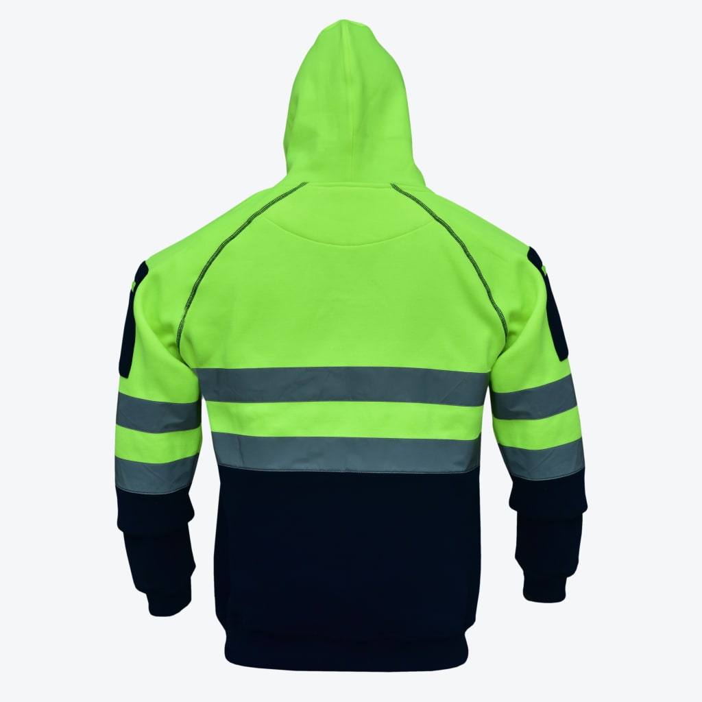 Back view of a neon green and navy blue high-visibility safety hoodie with reflective silver stripes and a hood.