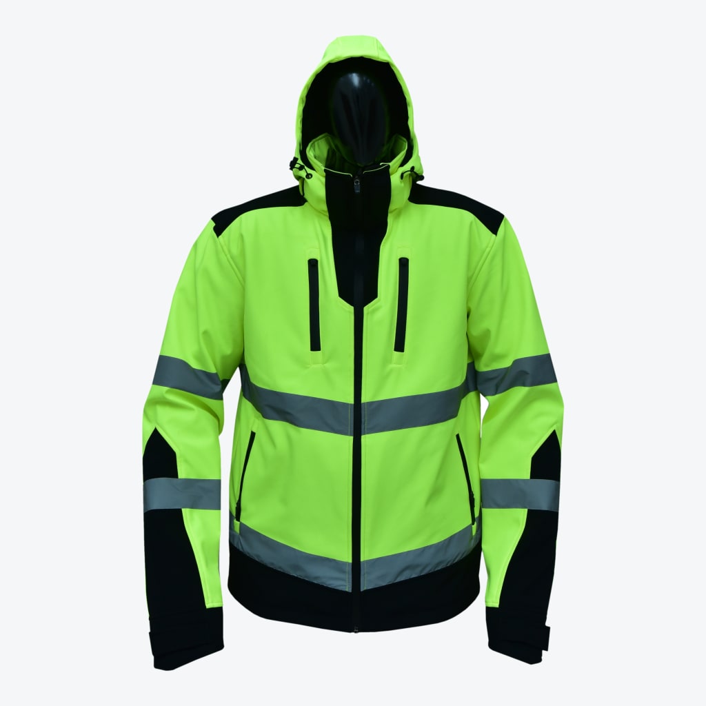 A high-visibility neon yellow and black hooded work jacket with reflective silver stripes on the chest and sleeves, shown against a plain white background.