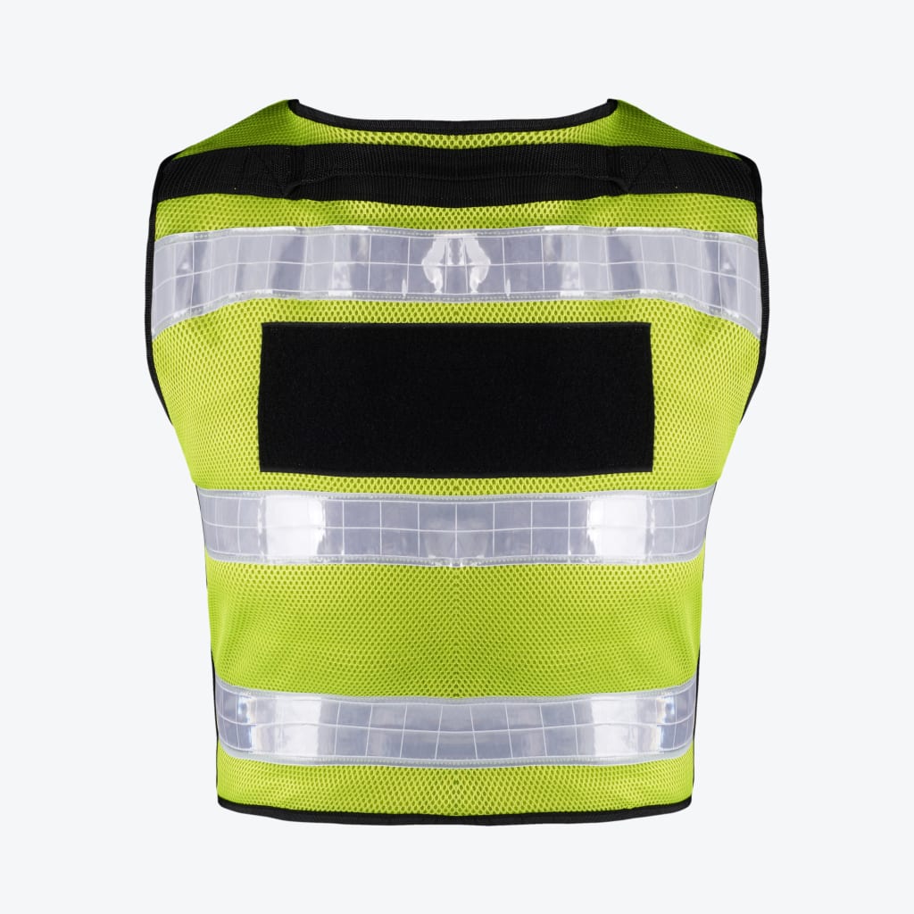 Back view of a neon yellow mesh safety vest with three horizontal reflective stripes and a large black rectangular patch in the center.