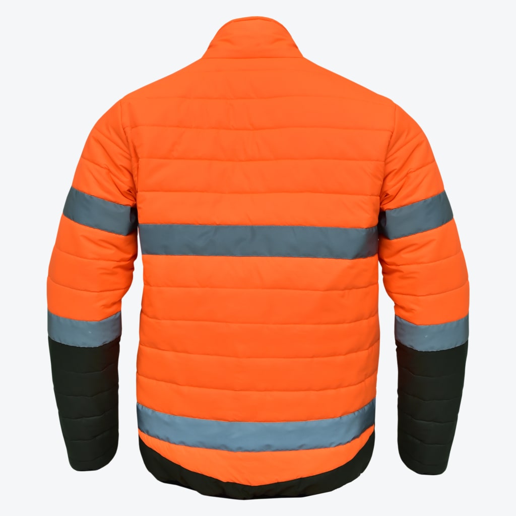 Back view of a high-visibility orange puffer jacket with reflective silver stripes and black accents on the sleeves and hem, set against a white background.
