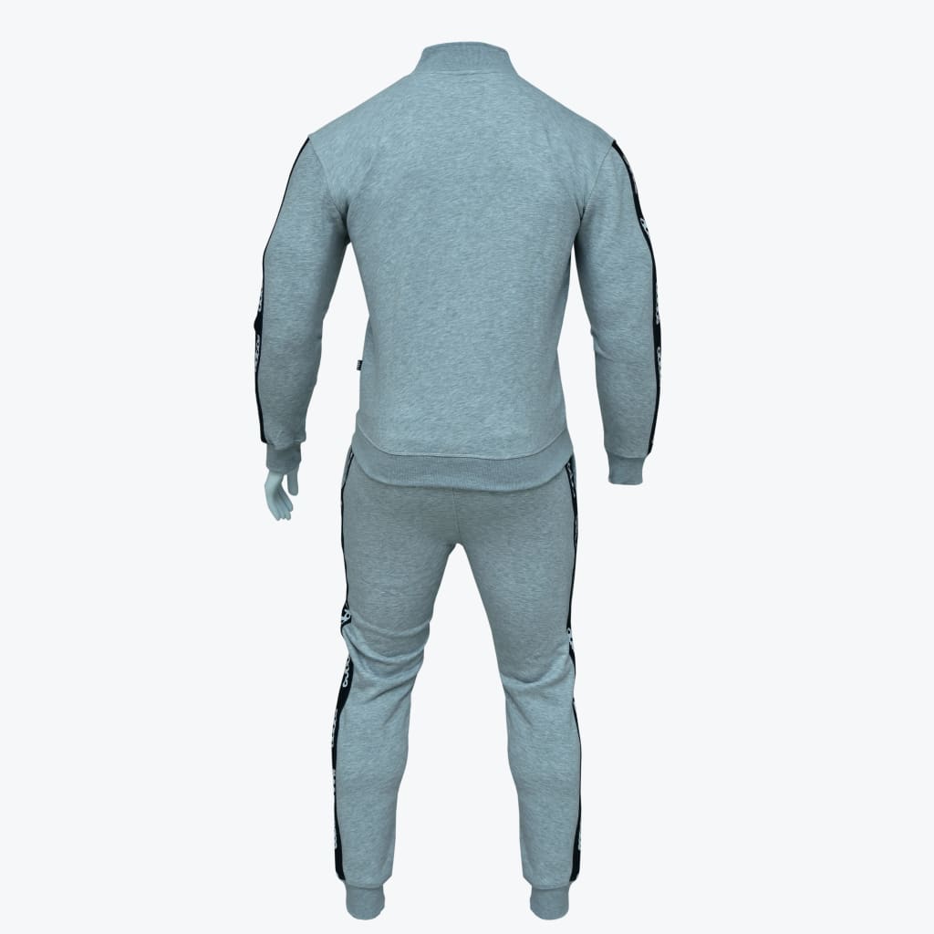 Back view of a grey tracksuit with black side stripes on a mannequin against a white background.