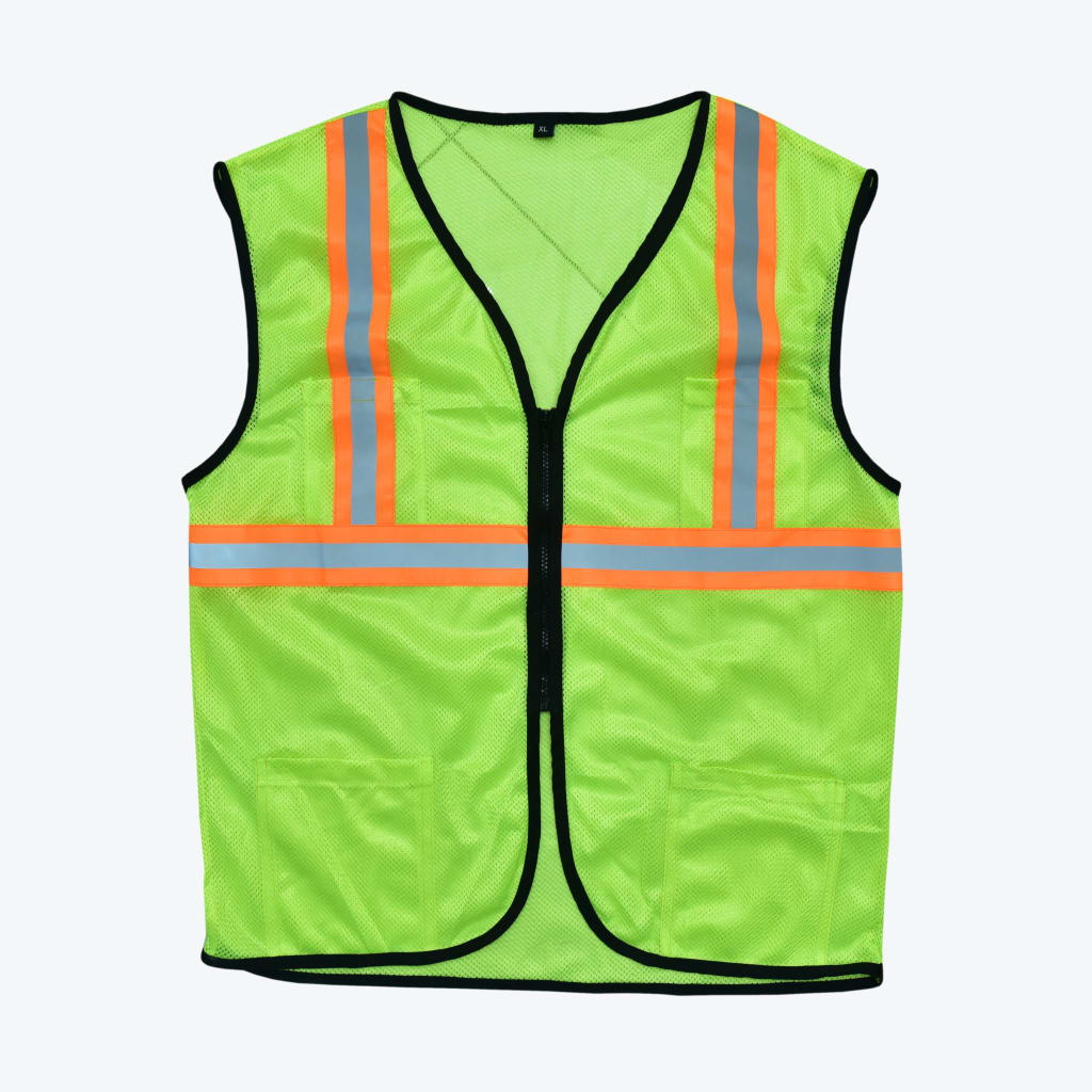 A neon green mesh safety vest with reflective silver and orange stripes, a black zipper, and black trim, displayed against a plain white background.