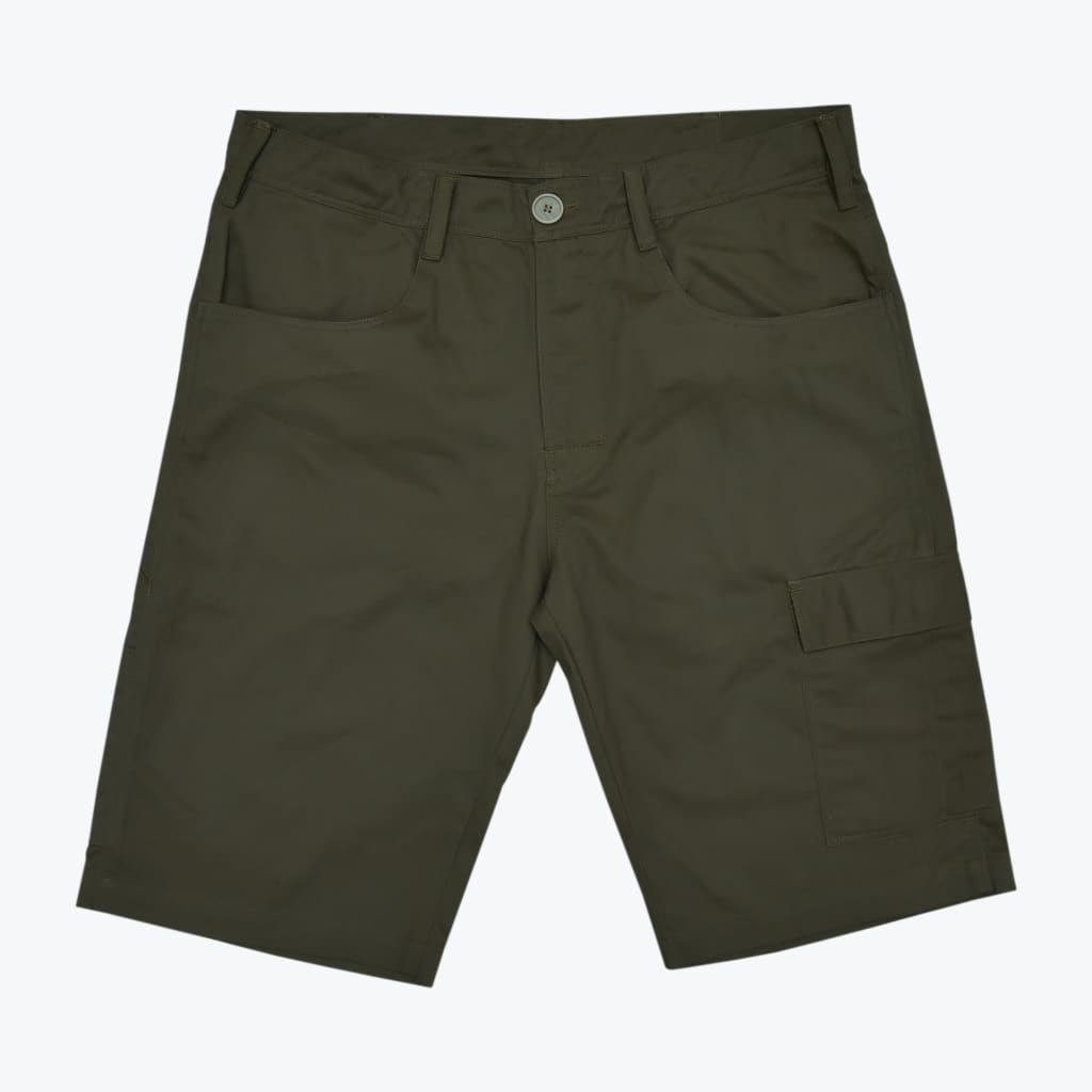 A pair of dark olive green men cargo shorts with a button waist, belt loops, and a side cargo pocket on a plain white background.