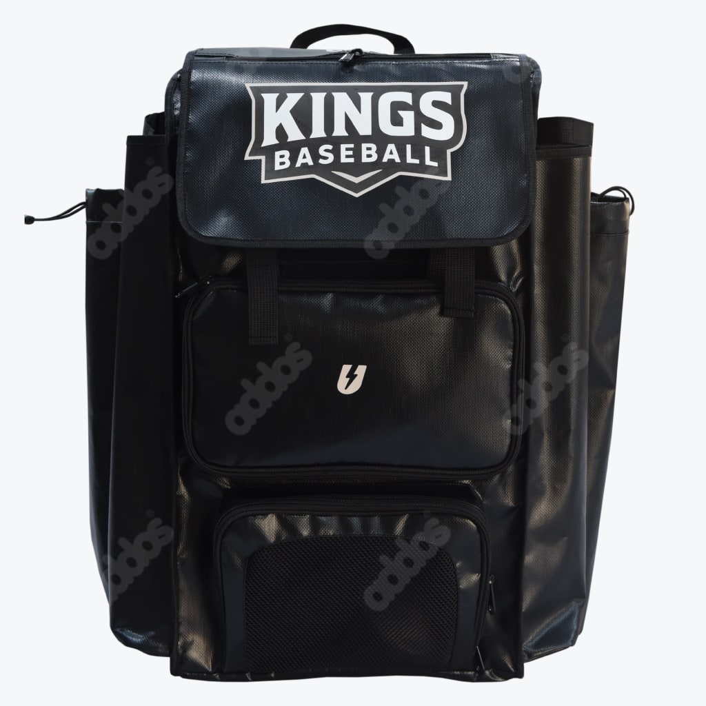 Front view of a black Kings Baseball equipment backpack with multiple pockets and bat sleeves on a white background.