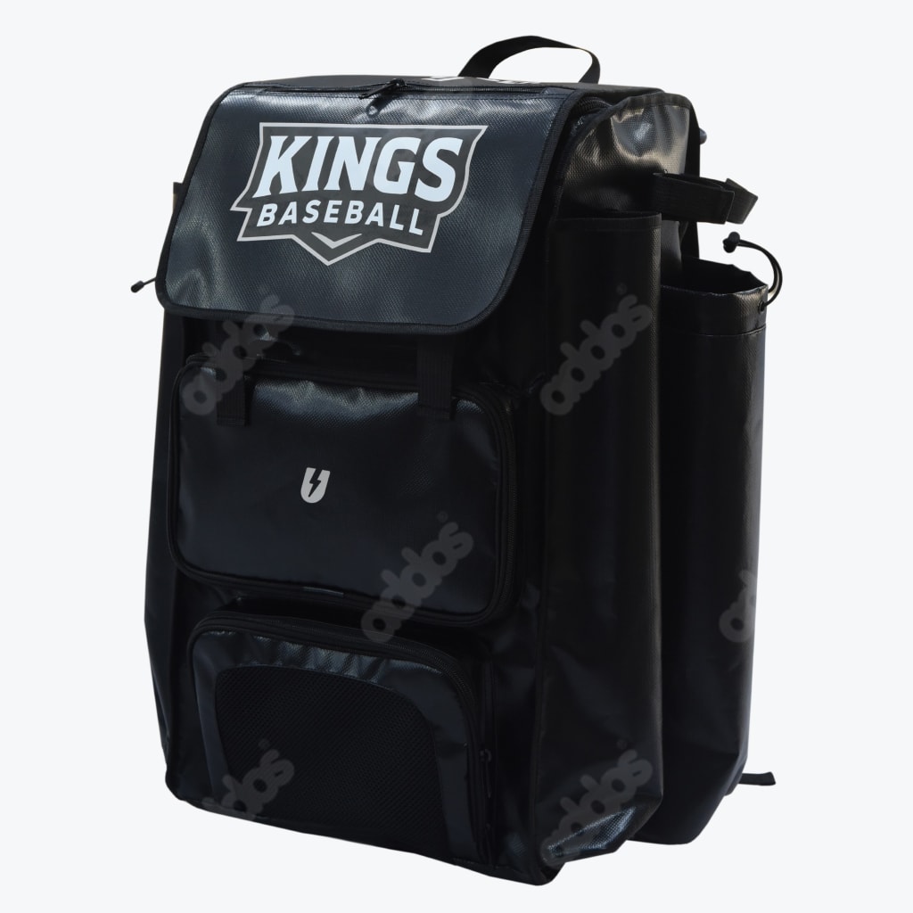 A black baseball backpack with 'Kings Baseball' printed on the top flap, featuring multiple compartments and side bat holders.