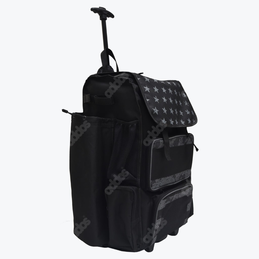 A black rolling sports bag with a telescoping handle, featuring a star-patterned top flap and multiple zippered pockets on a white background.