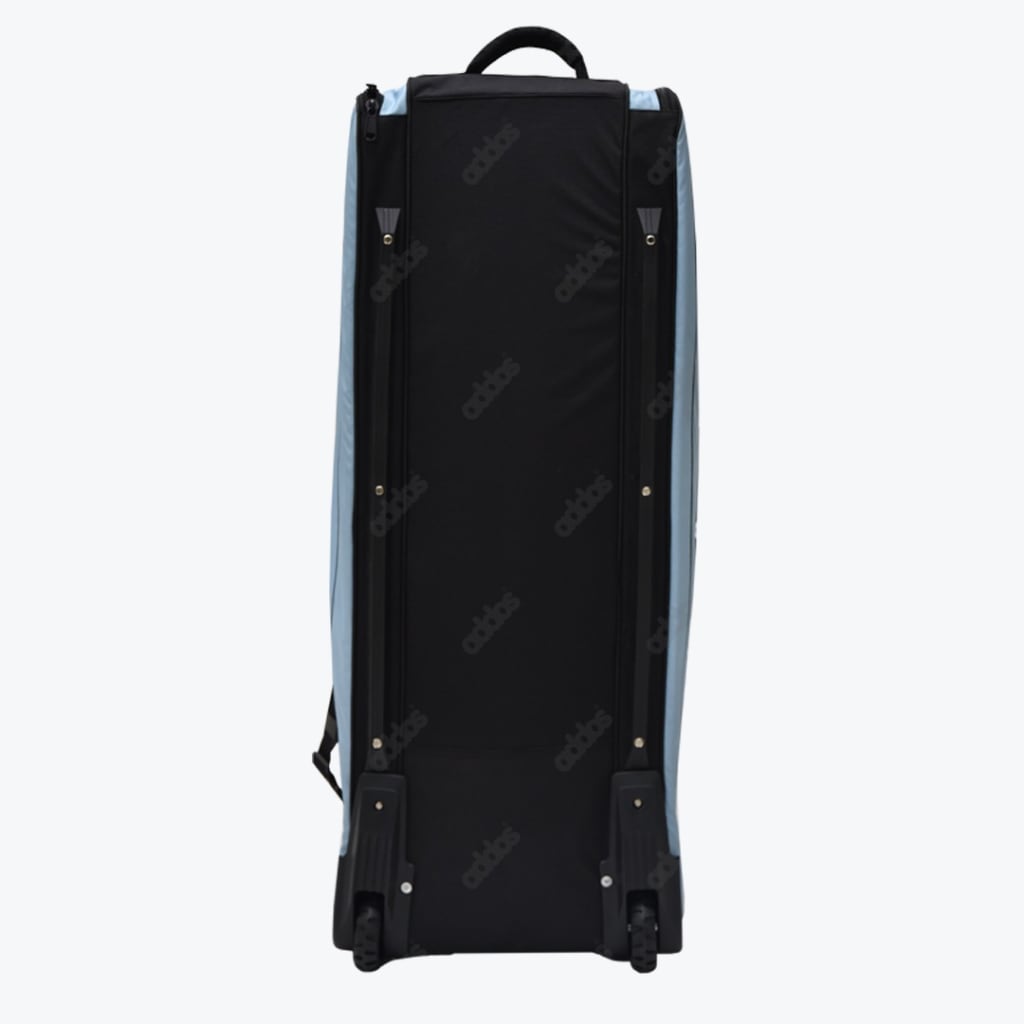 Back view of a tall black and light blue Addos wheeled sports bag standing vertically on a white background.