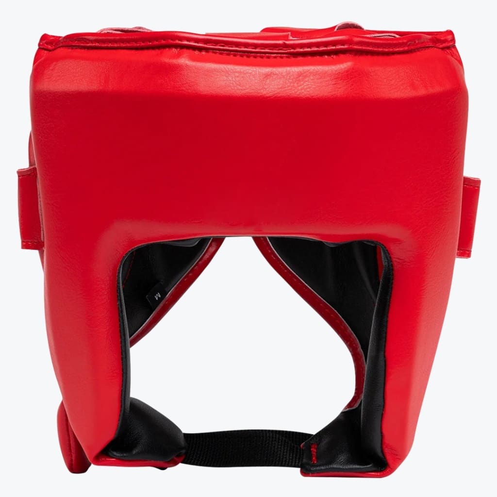 A bright red leather boxing headguard with cheek protectors and a black inner lining, shown from the front on a white background.