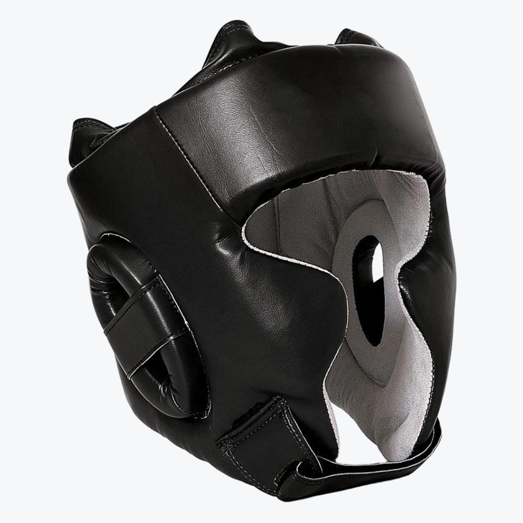 A black leather boxing headgear with cheek protectors and a grey inner lining, displayed on a white background.