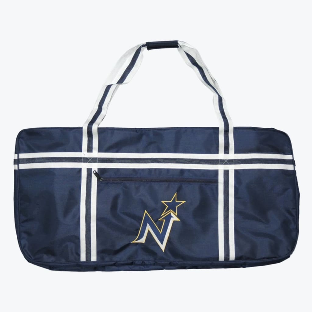 A navy blue duffel bag with white stripes and a stylized letter N logo with a star on the front, set against a white background.