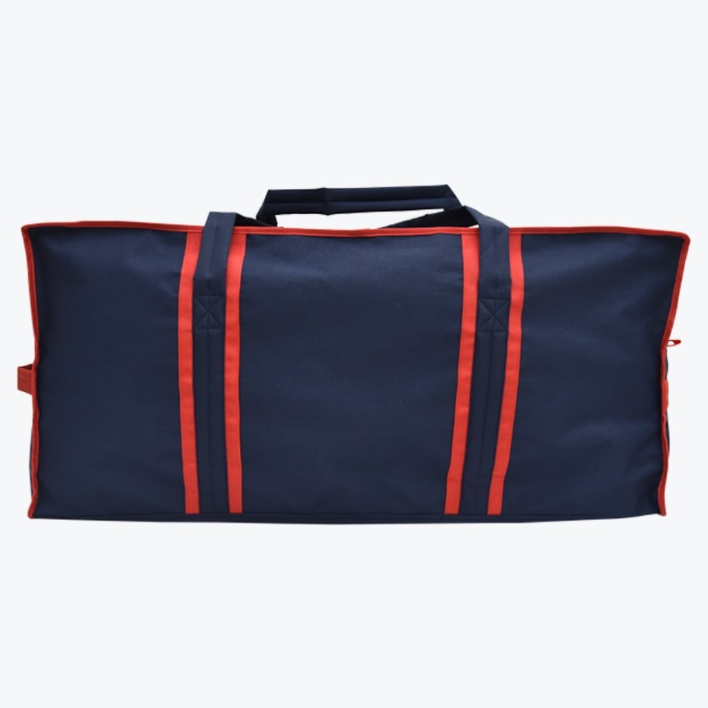A rectangular navy blue storage bag with red trim and vertical red accent stripes, featuring a central carrying handle.