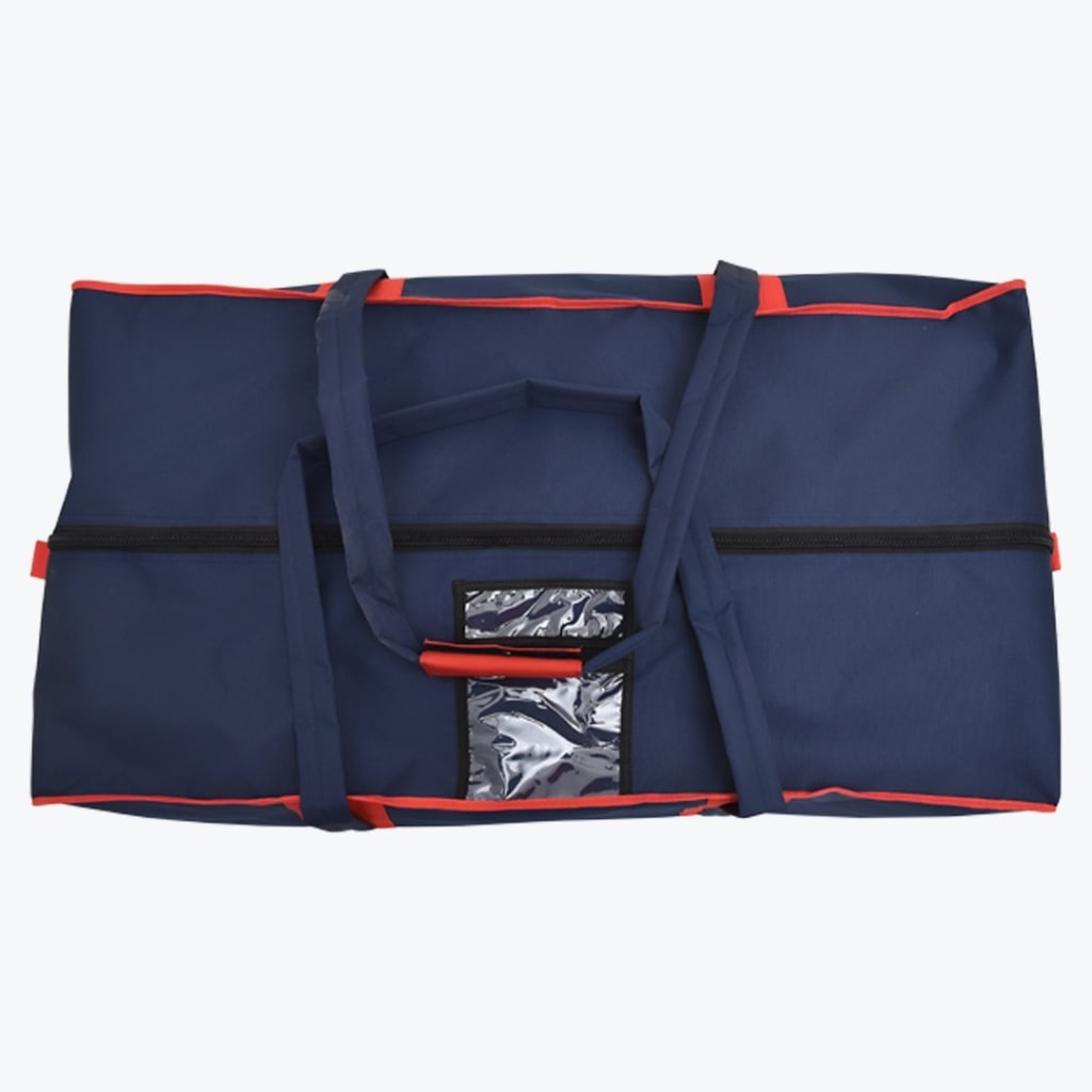 A rectangular dark blue storage bag with red trim, carrying straps, a central zipper, and a clear plastic label window, set against a white background.