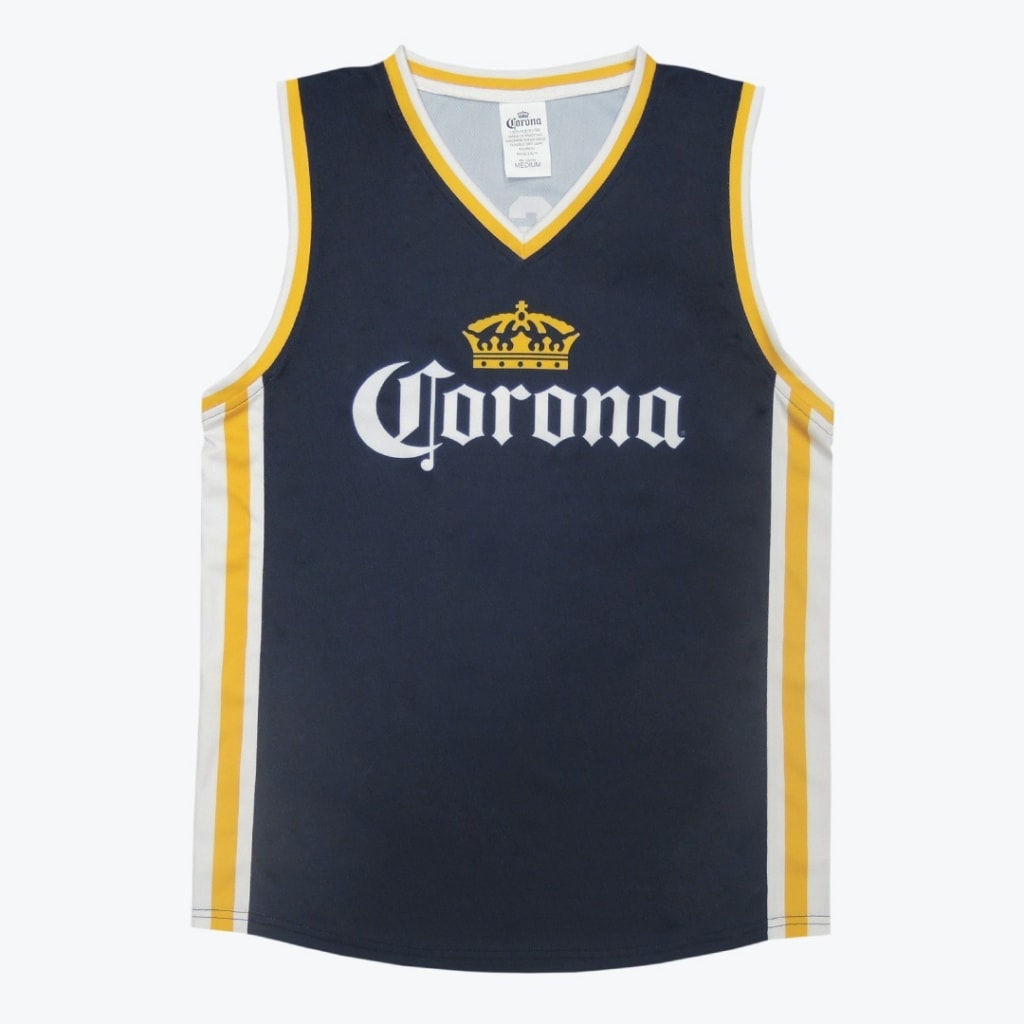 A navy blue sleeveless basketball jersey with the white Corona logo and yellow crown on the chest, detailed with yellow and white trim.