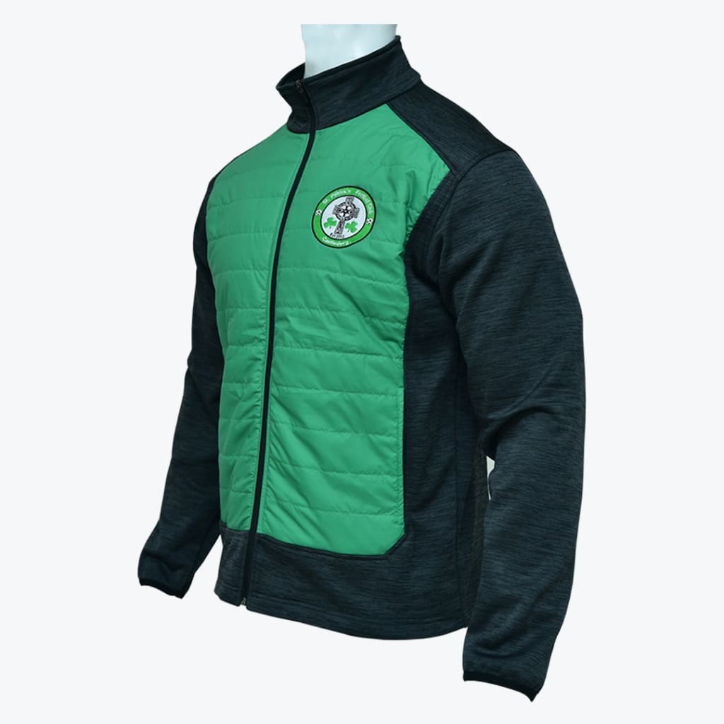 A green and dark grey hybrid jacket with a quilted front and heathered sleeves, featuring the St. Patrick Football Club Castlederg crest on the chest.