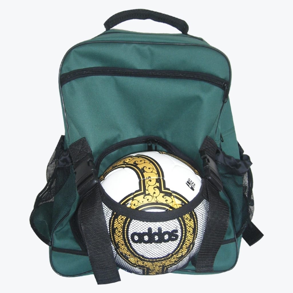 A green sports backpack with a white and gold soccer ball secured in its front mesh pocket with black adjustable straps.