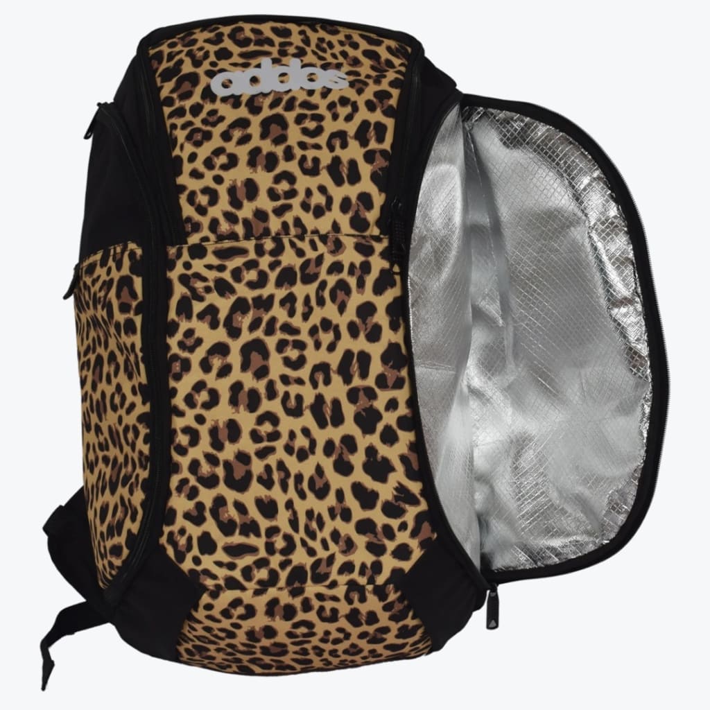 An Addos backpack with a leopard print pattern, featuring an open side zipper pocket that reveals a silver insulated lining.