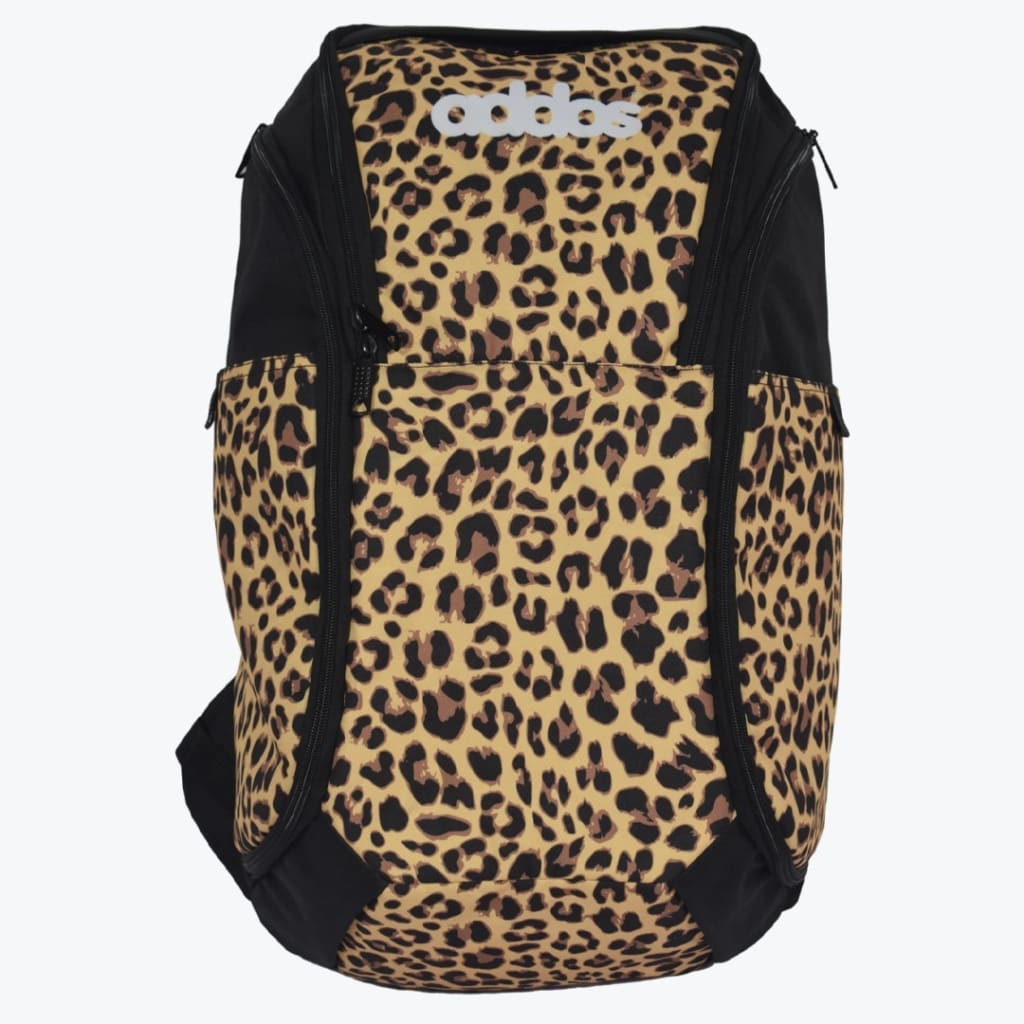 An Addos backpack with a leopard print pattern and black accents, shown from the front against a plain light background.