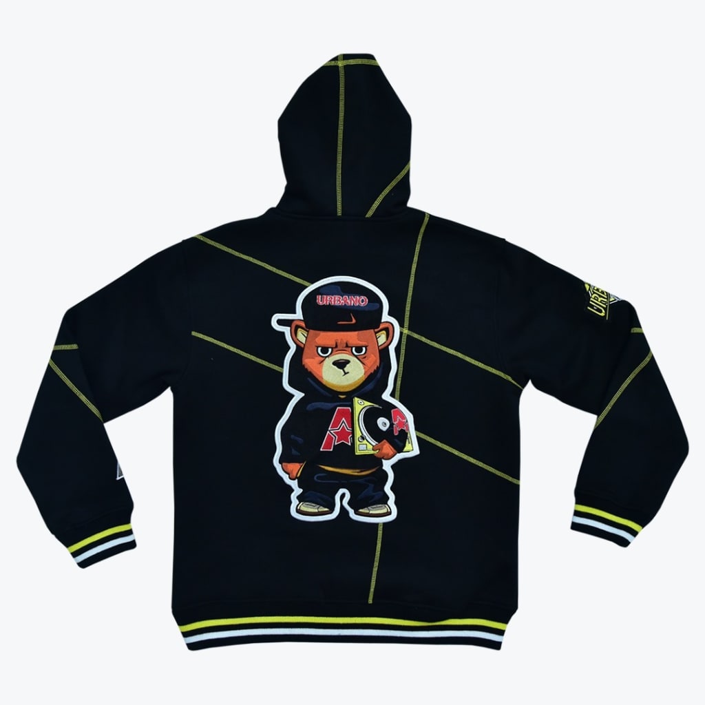 Back view of a black hoodie featuring a cartoon hip-hop bear graphic, lime green decorative stitching, and striped cuffs.