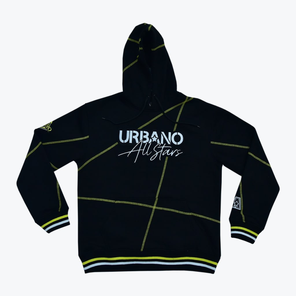 A black hoodie with URBANO All Stars written on the chest in white, decorated with neon green geometric contrast stitching and striped cuffs.