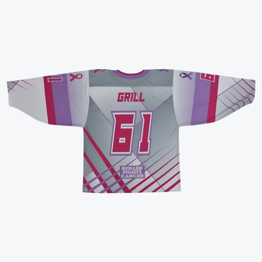 Back view of a grey, purple, and pink hockey jersey with the name GRILL and number 61, featuring cancer awareness ribbons and Roller Fights Cancer branding.