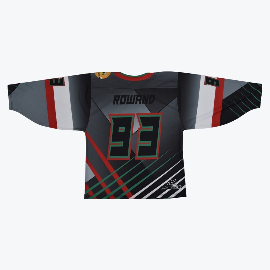 Back view of a grey, black, red, and green hockey jersey with ROWAND and 93 printed on the back.