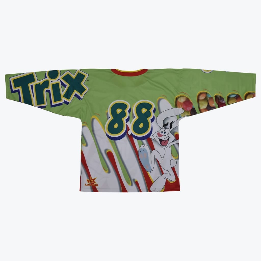 Back view of a green Trix cereal-themed hockey jersey with the number 88 and the Trix Rabbit character.
