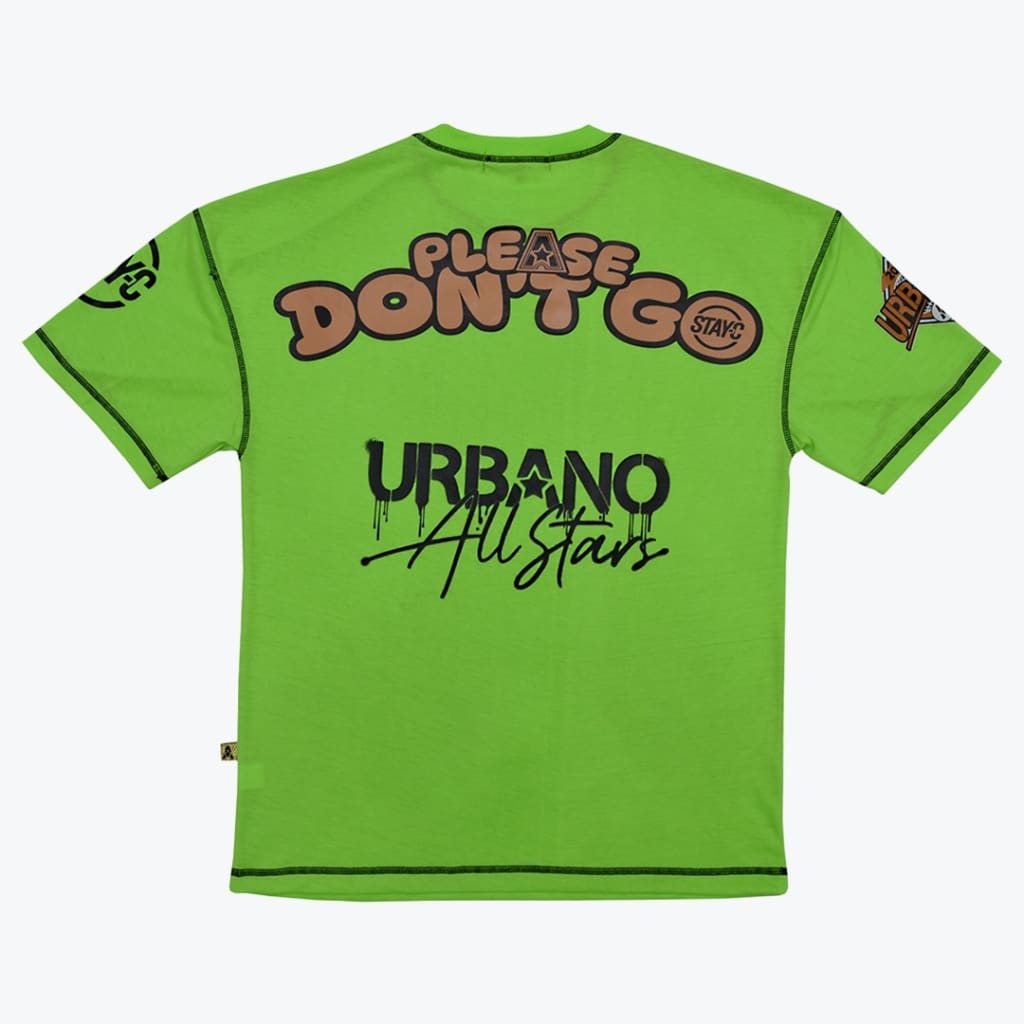 The back view of a bright lime green t-shirt with PLEASE DON'T GO in brown bubble letters and URBANO All Stars in black graffiti-style text.