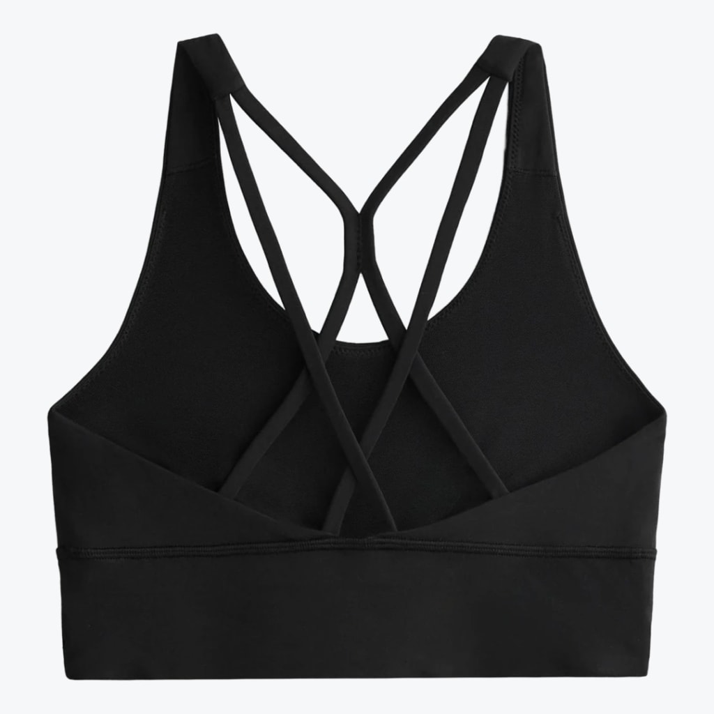 Back view of a black sports bra with a detailed criss-cross strappy back design on a plain white background.