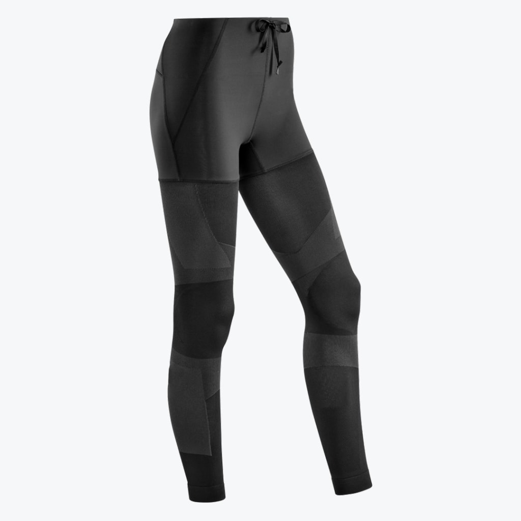 A three-quarter view of black high-waisted athletic leggings with a drawstring waist and textured compression panels on a white background.