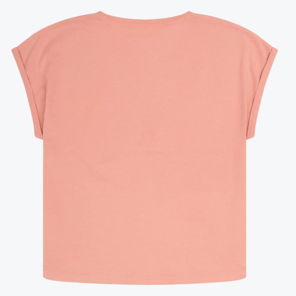 Back view of a plain peach-colored t-shirt with rolled cap sleeves.