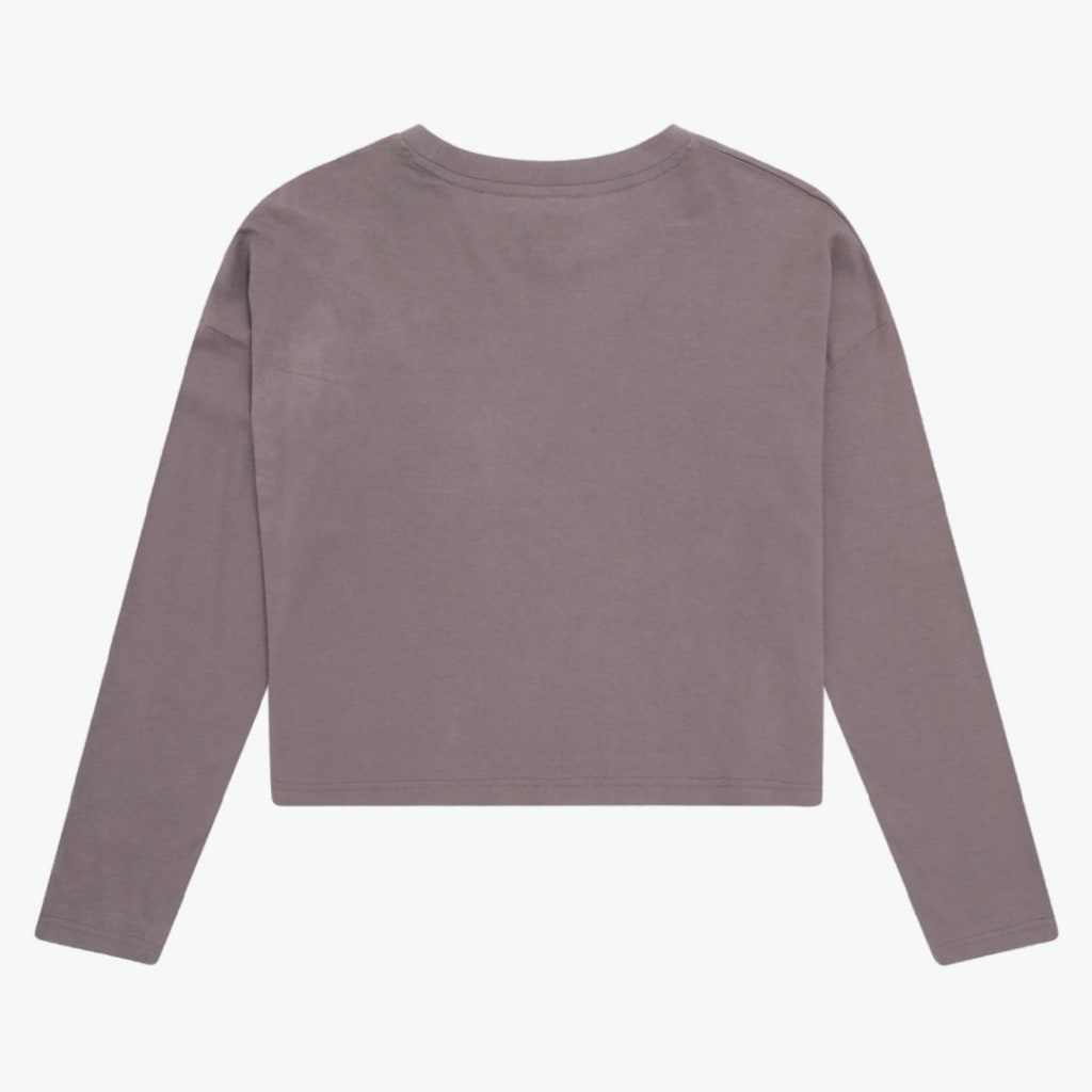 Back view of a plain dusty purple long-sleeve cropped t-shirt on a white background.