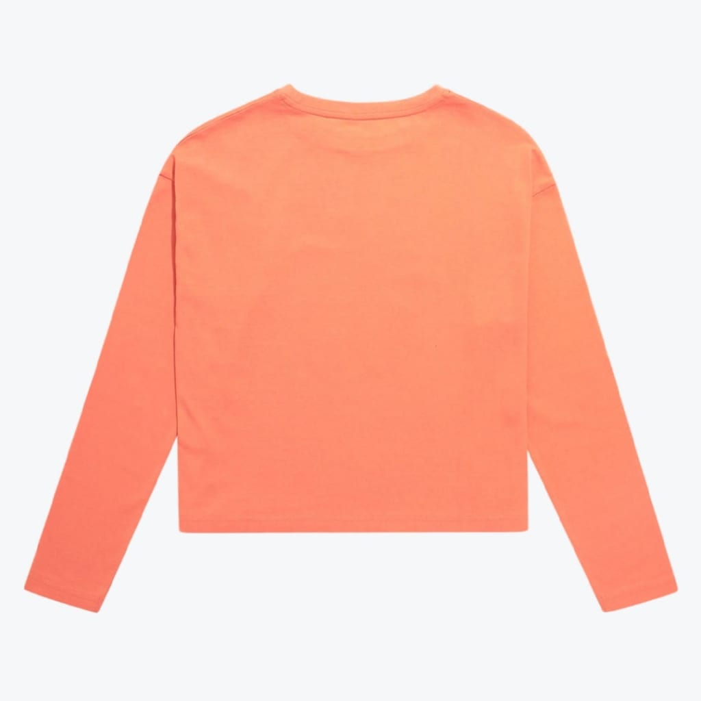 Back view of a peach-colored long-sleeve crop top laid flat on a white background.