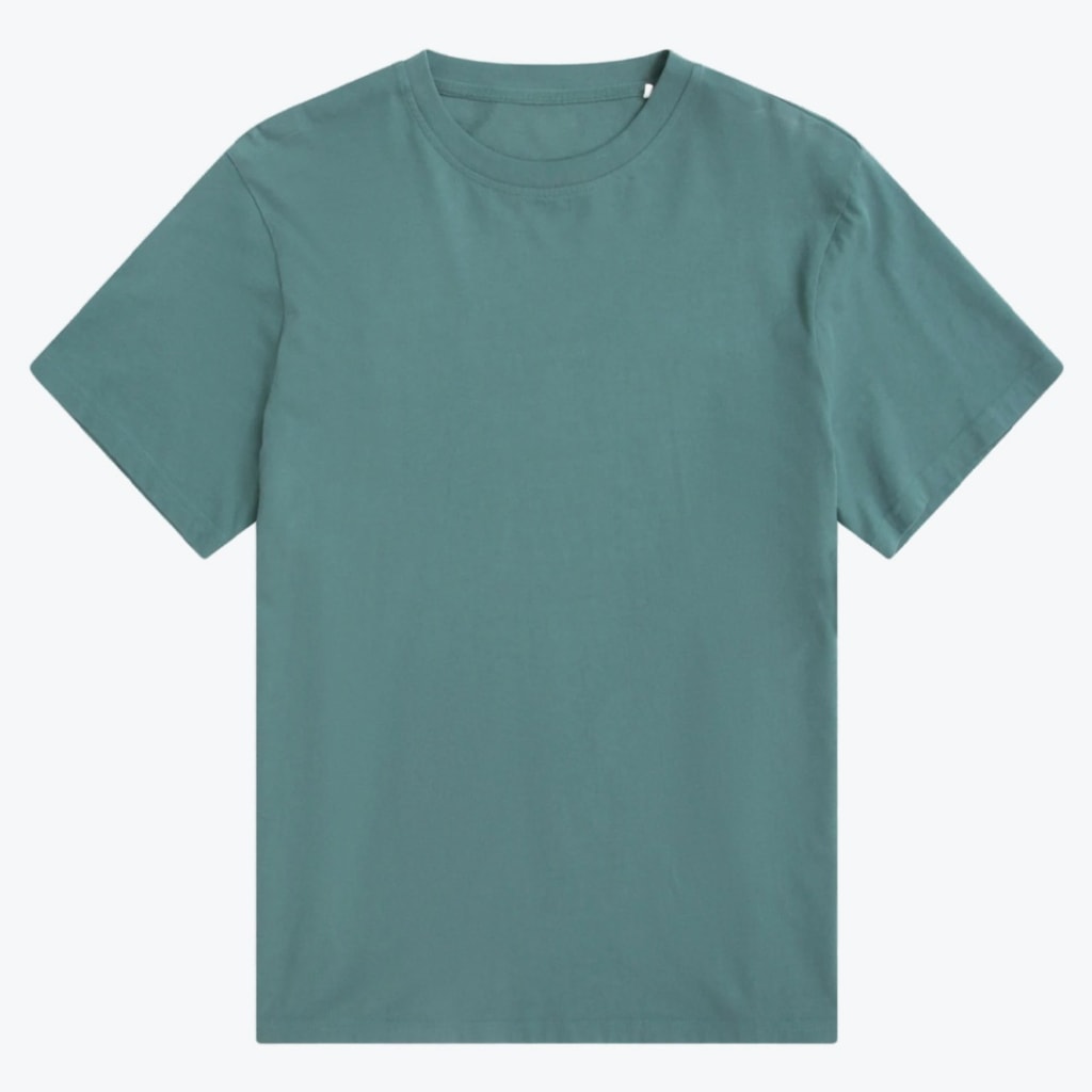 A plain teal short-sleeve crew neck t-shirt laid flat on a white background.