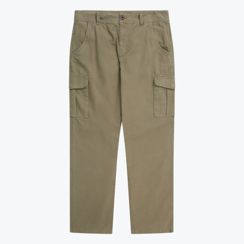 A pair of olive green cargo pants with side utility pockets, shown flat against a white background.