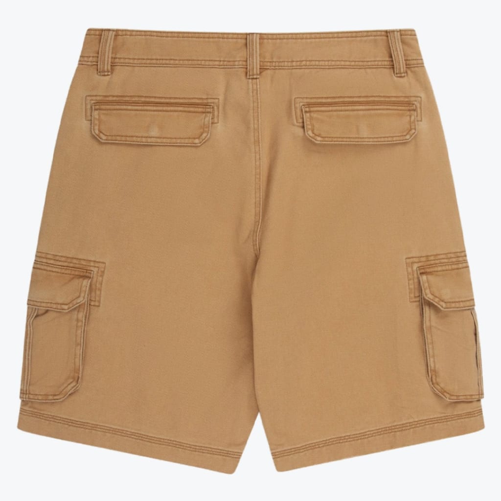 Back view of a pair of tan cargo shorts with flap pockets on the back and sides, set against a plain white background.