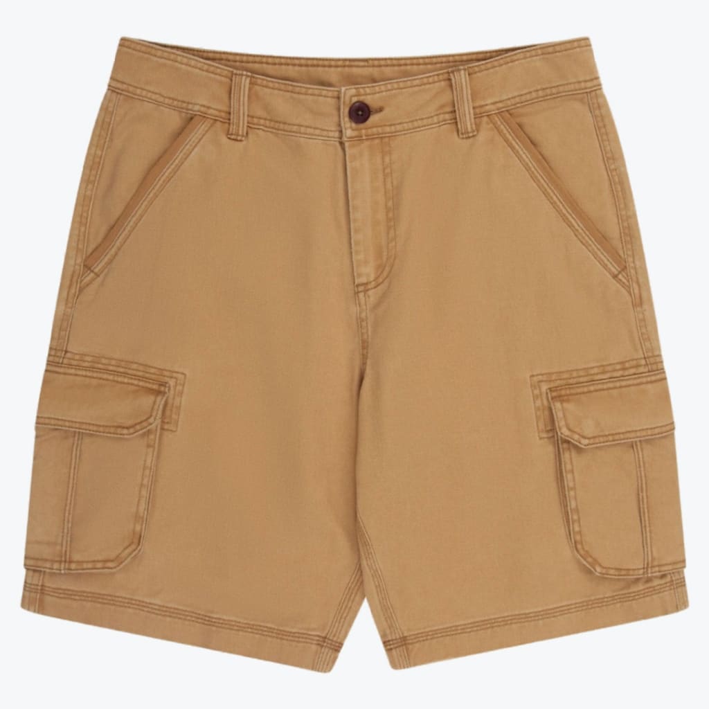 A pair of tan cargo shorts laid flat against a white background, showing the front button, belt loops, side pockets, and cargo pockets on each leg.