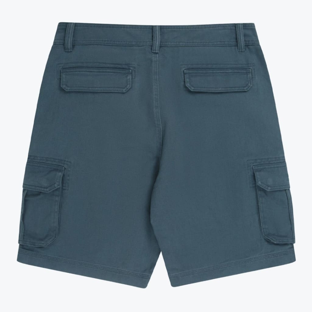 Back view of dark teal cargo shorts with rear flap pockets and side cargo pockets.