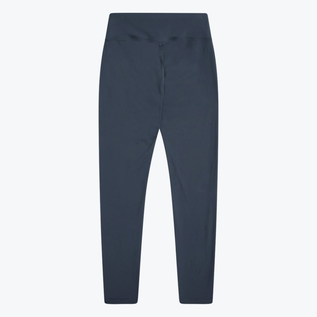 A pair of dark navy blue high-waisted athletic leggings shown flat on a white background.