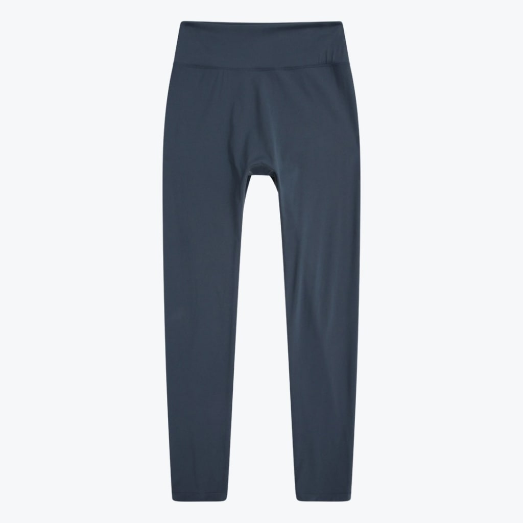 A pair of dark slate blue high-waisted athletic leggings laid flat on a white background.