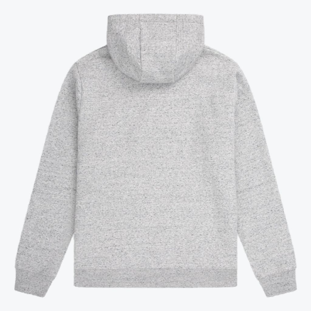 The back view of a light grey heathered hoodie with a hood, long sleeves, and ribbed cuffs and hem against a white background.