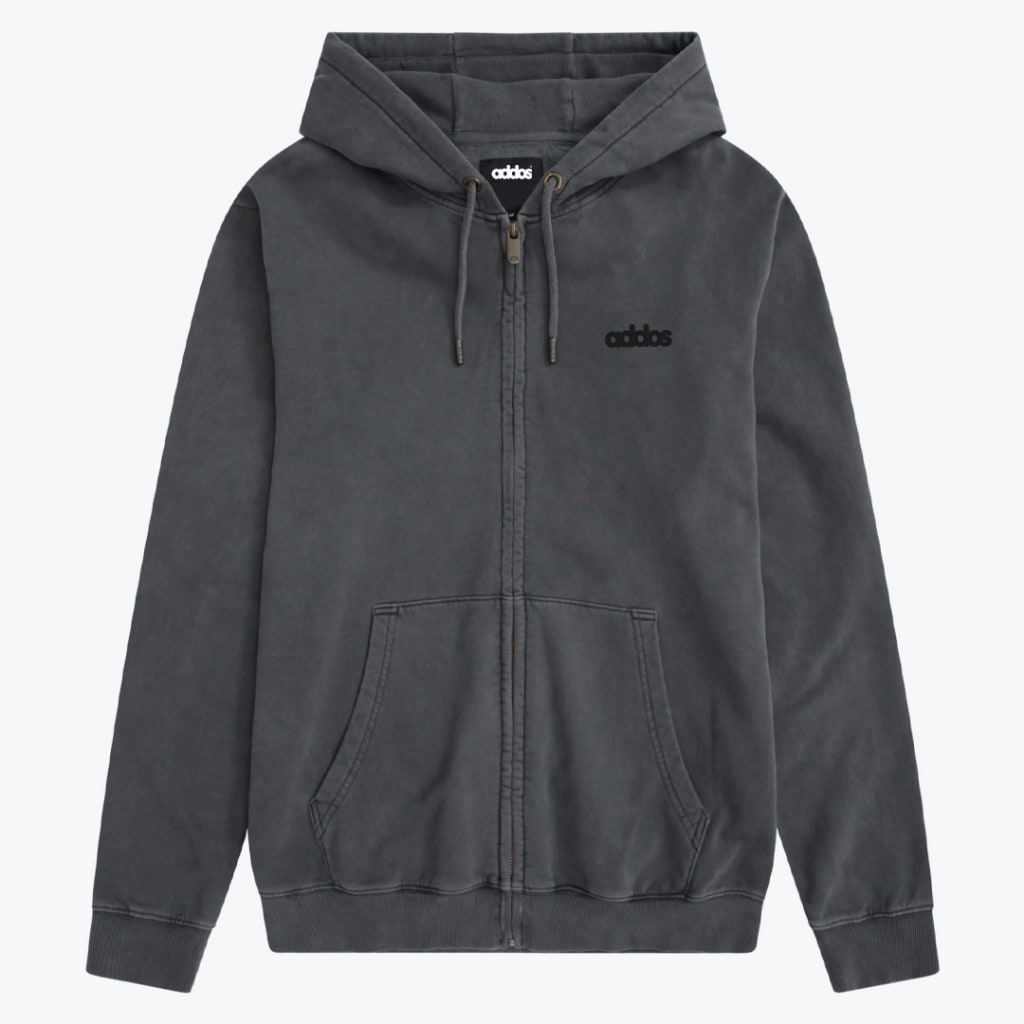 A dark grey zip-up hoodie with a drawstring hood and kangaroo pockets, displayed flat against a plain white background.