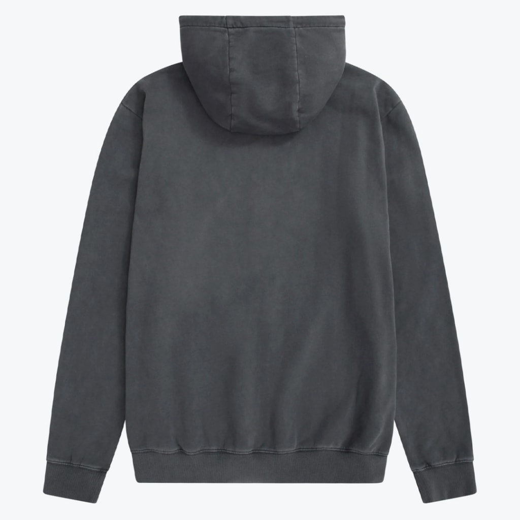 The back view of a solid dark grey hooded sweatshirt with a washed finish, ribbed cuffs, and hem, set against a plain white background.